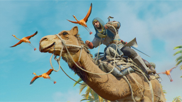 Basim subido en un camello con una bandada de flamencos volando