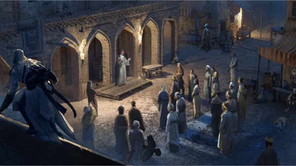 Basim en modo sigilo encima de un muro observando a las personas que están reunidas en la placita