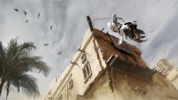 Basim saltando de un edificio a otro agarrado a una cuerda