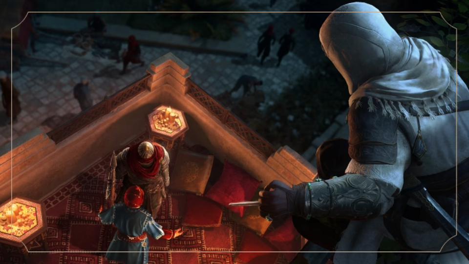 Basim a punto de saltar desde un balcón para atacar con la hoja oculta a dos enemigos