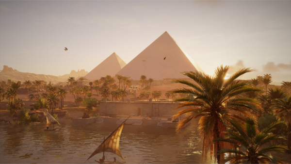 Paisaje de Egipto con pirámides al amanecer