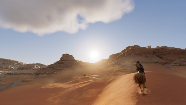 Bayek subido a un camello recorriendo el desierto