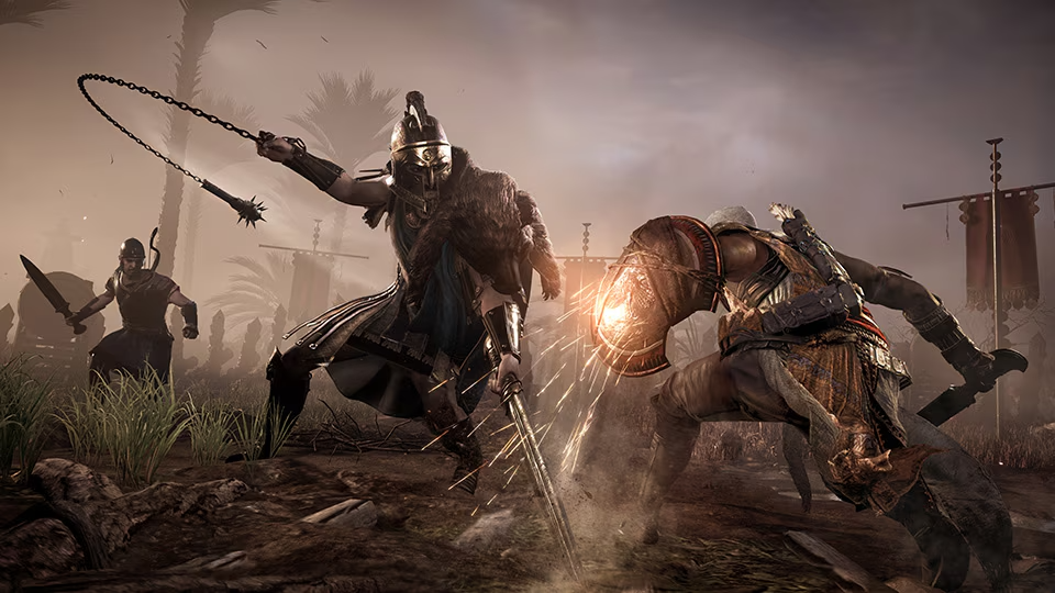 Imagen de combate entre Bayek y un gladiador