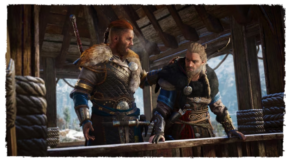 Eivor junto a Sigurd, su hermano hablando en lo alto de una atalaya