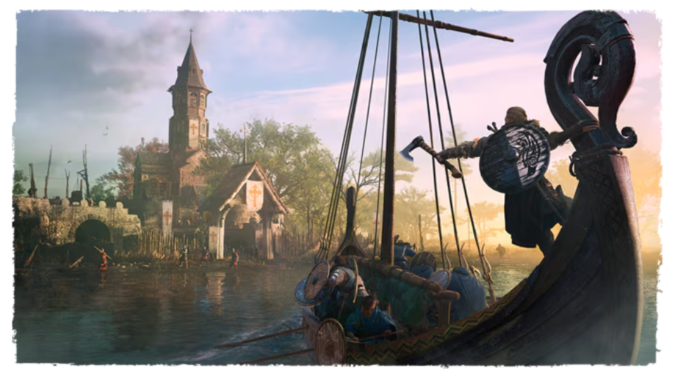 Eivor liderando un saqueo con su equipo en un drakkar