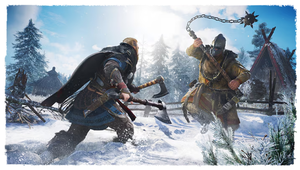 Eivor combatiendo contrta un feroz enemigo que lleva un mangual