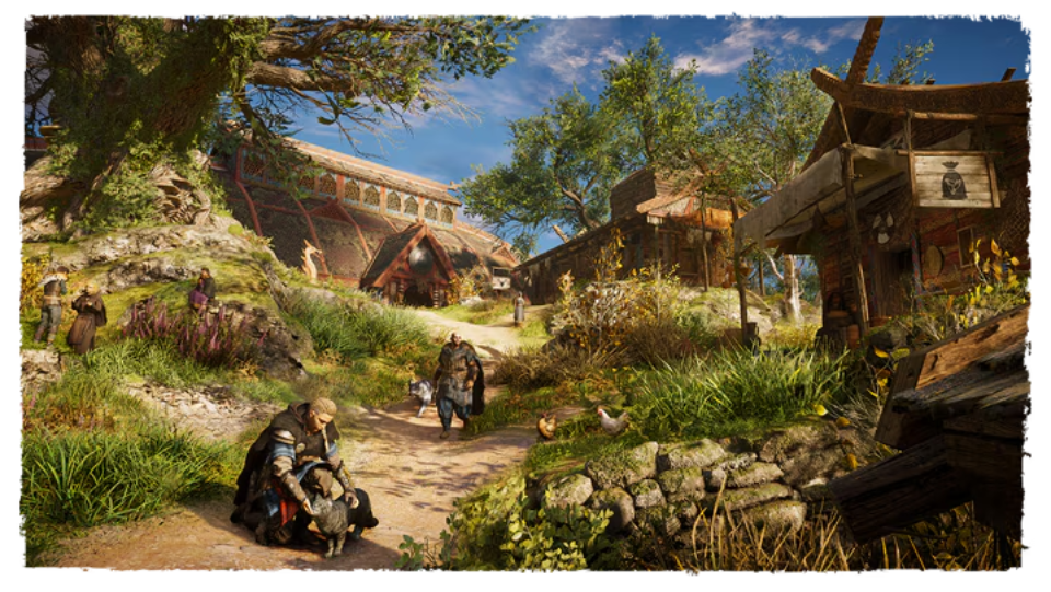 Eivor acariciando un gato en su asentamiento en Inglaterra