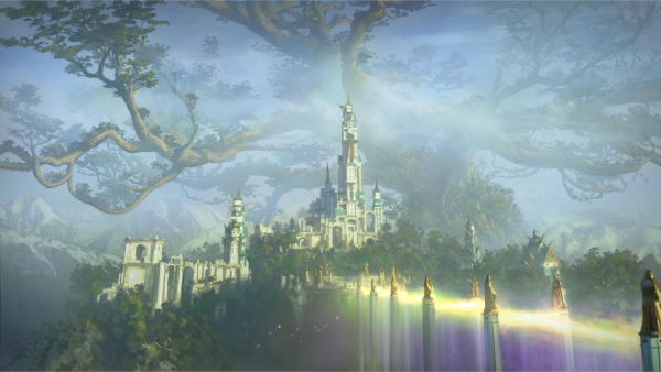 Asgard, hogar de los dioses con un puente de arcoiris