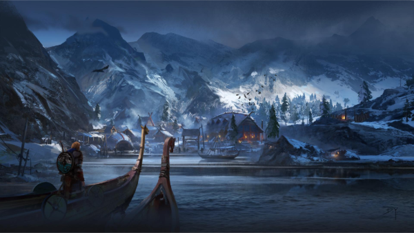 Asentamiento de Eivor en Noruega, con el hielo y la nieve de fondo