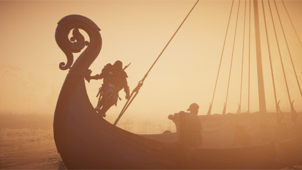 Eivor en un drakkar con su tripulación