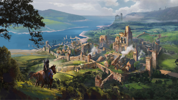 Eivor subida a caballo admirando unas ruinas