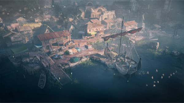 Drakkar atracado en un puerto de Inglaterra