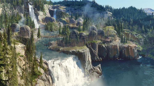 Asentamiento enemigo rodeado de bosque y una catarata